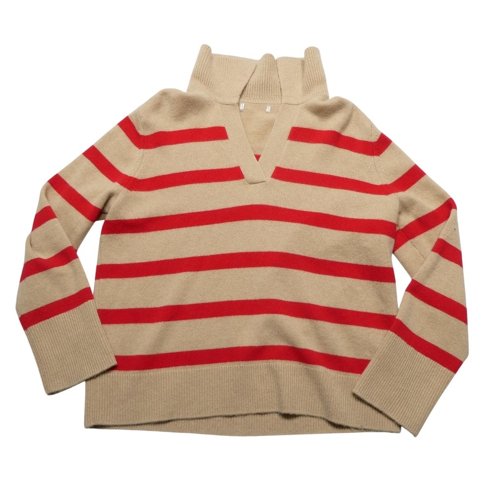 Banana Republic 100% Cashmere Sweater Womens Large Beige Red Stripe V Neck Knit